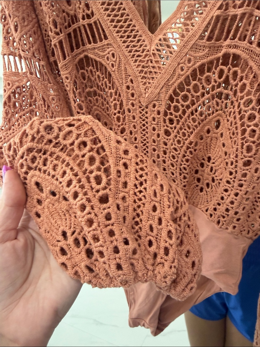 Jen's Pirate Booty Terracotta Crochet V-Neck Long Sleeve Bodysuit - Picture 4 of 6